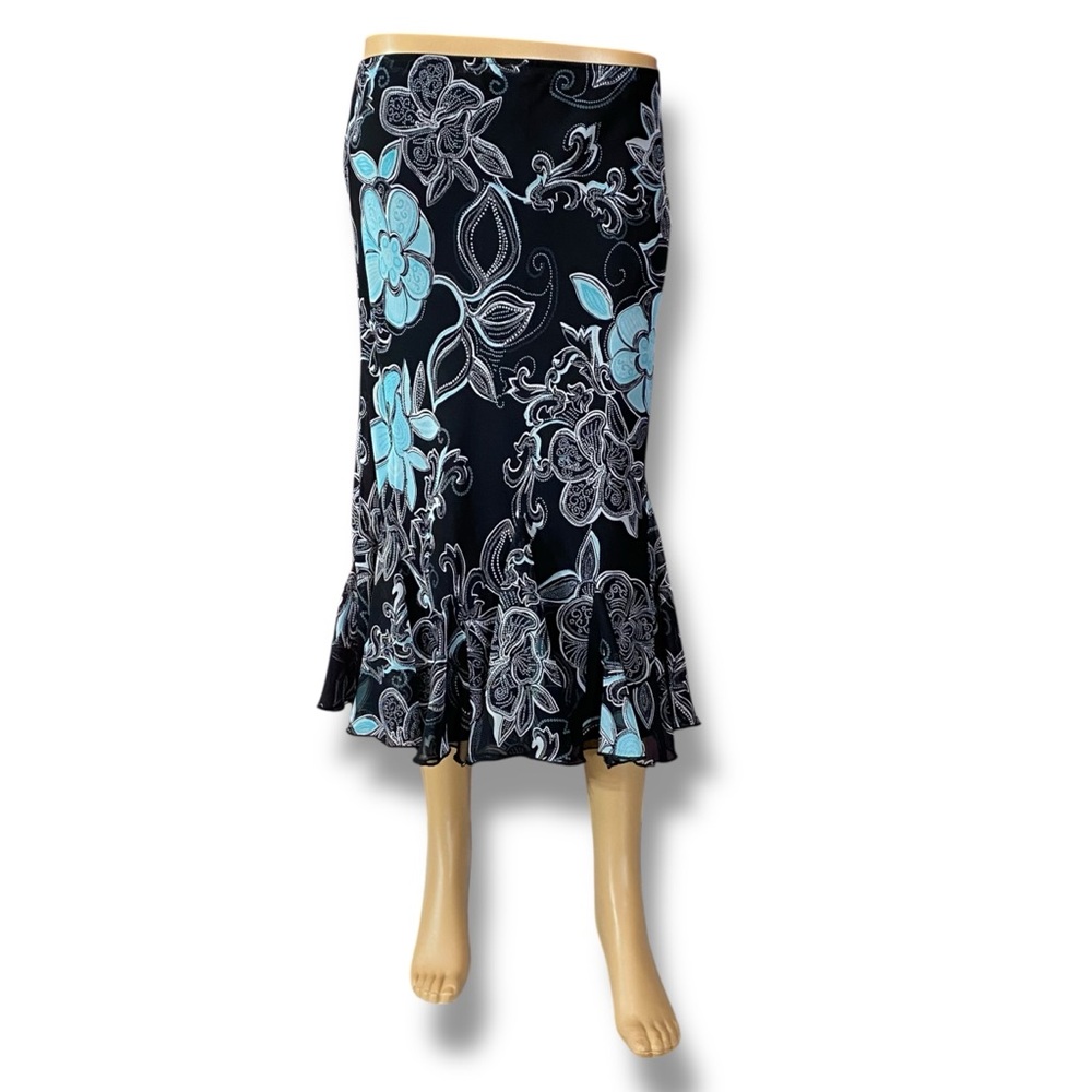 Black Floral Midi Skirt with Aqua Accents